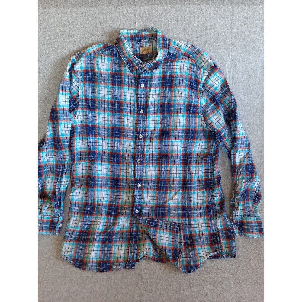 Tre Vero Three Truths Men XL Pure Linen Plaid Long Sleeve Button Summer Shirt